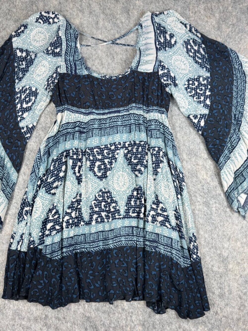 Free People Dress Kaftan Sleeve Mini Blue Boho Ruffle Sz S Square Neck Peasant - Picture 6 of 10
